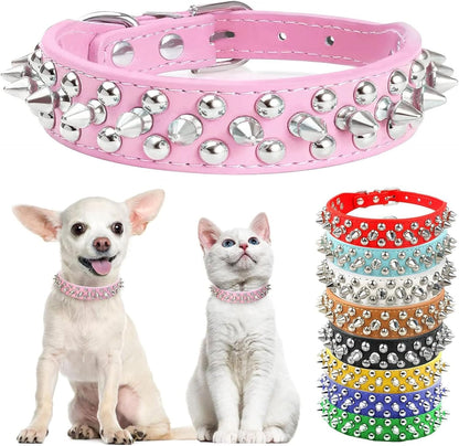 Small Pink Spiked Dog Cat Collar for Small Medium Dogs Girl Female - Adjustable Studded Puppy Collars - Soft Padded Punk Leather Dog Collar for Chihuahua French Bulldog Pug (Pink,L)