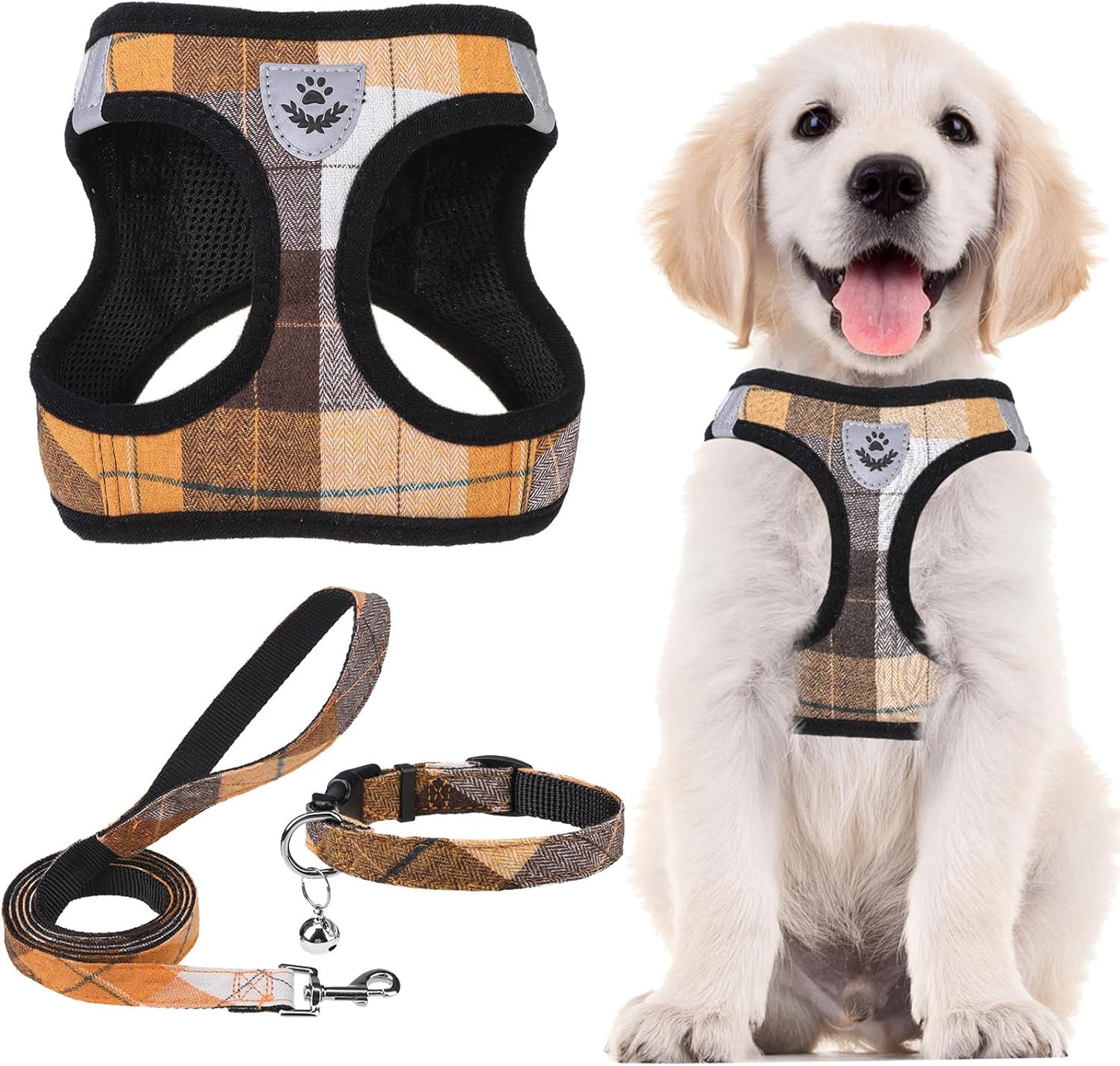 Adjustable Pet Harness Collar &Leash Set Step in for Small Dogs Puppy &Cats Outdoor Training &Running, Soft Mesh Padded Reflective Vest Harness,M: Chest Girth: 16-18In Collar: 11.8-15.7In