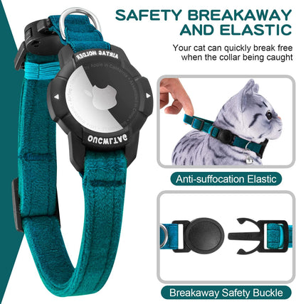 Luminous Airtag Cat Collar Breakaway,  GPS Cat Collar with Apple Air Tag Holder, Cat Tracker Collars with Safety Elastic Band for Girl Boy Cats, Kittens and Puppies (Blue, 9-13 Inch)