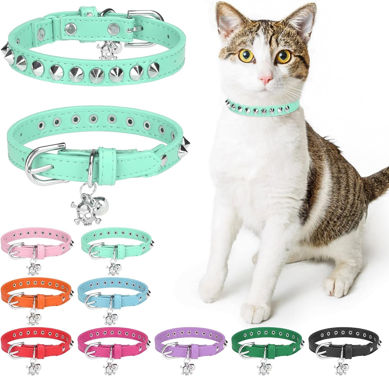Leather Cat Collars for Boy Girl Cats with Bell and Safety Elastic Belt, Personalized Star and Moon Stud Adjustable Safe Buckle Collar for Kitty Small Big Cats Size 7-9 Inch, Black