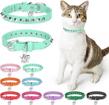 Leather Cat Collars for Boy Girl Cats with Bell and Safety Elastic Belt, Personalized Star and Moon Stud Adjustable Safe Buckle Collar for Kitty Small Big Cats Size 7-9 Inch, Black