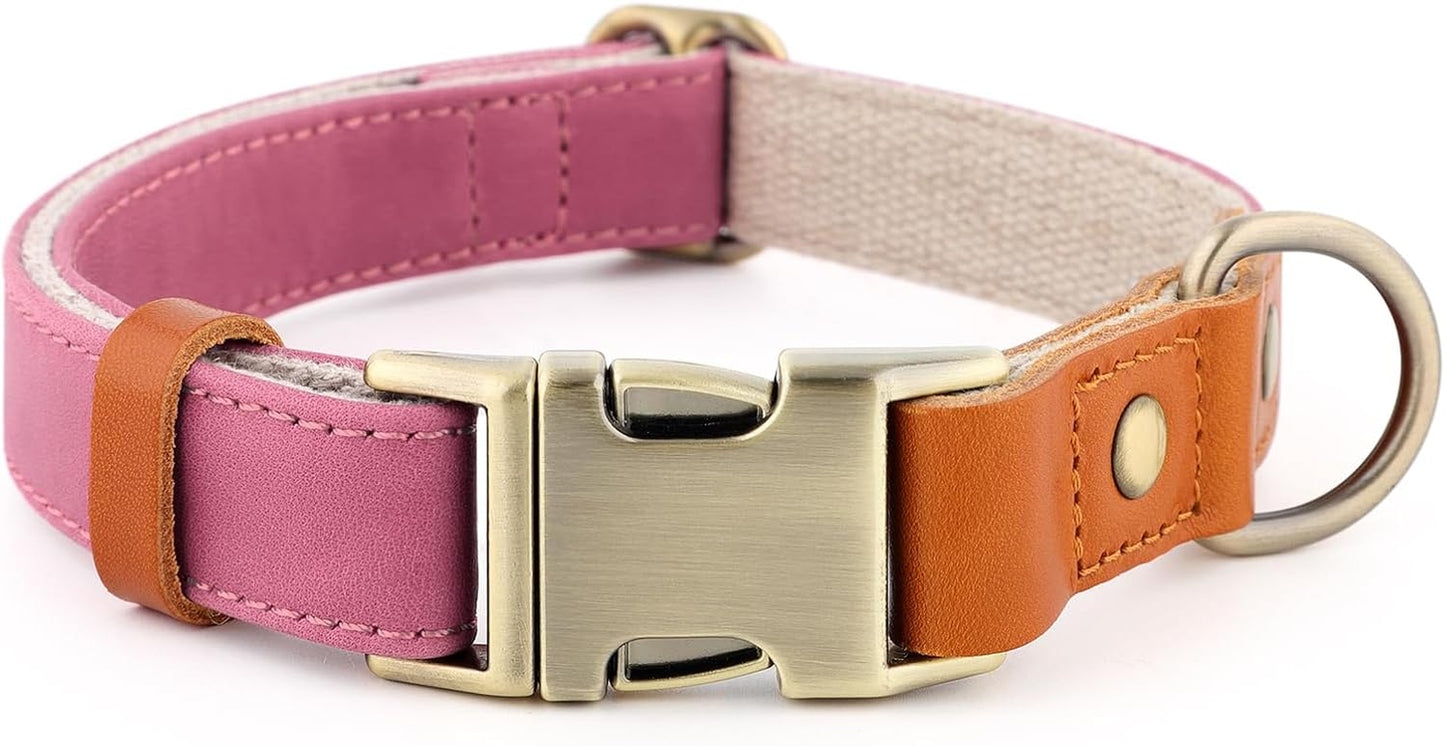 Genuine Leather & Hemp Dog Collar – Adjustable Heavy Duty Pet Collar with Quick Release Metal Buckle, Soft & Stylish for Puppy and Small, Medium, Large Dogs (Purple, L)