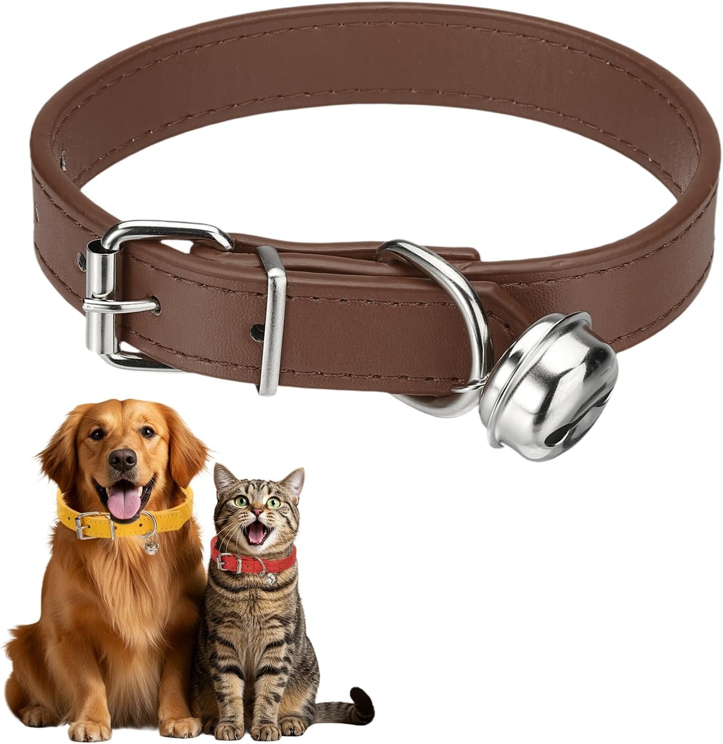 Dog Collar with Bell, Pu Leather Cat Collars Pet Basic Soft Padded Adjustable Buckle, 14.5" (Blue, 1 Pcs), Intended for Teacup/Little Dog/Kitten Cats/Small Animals