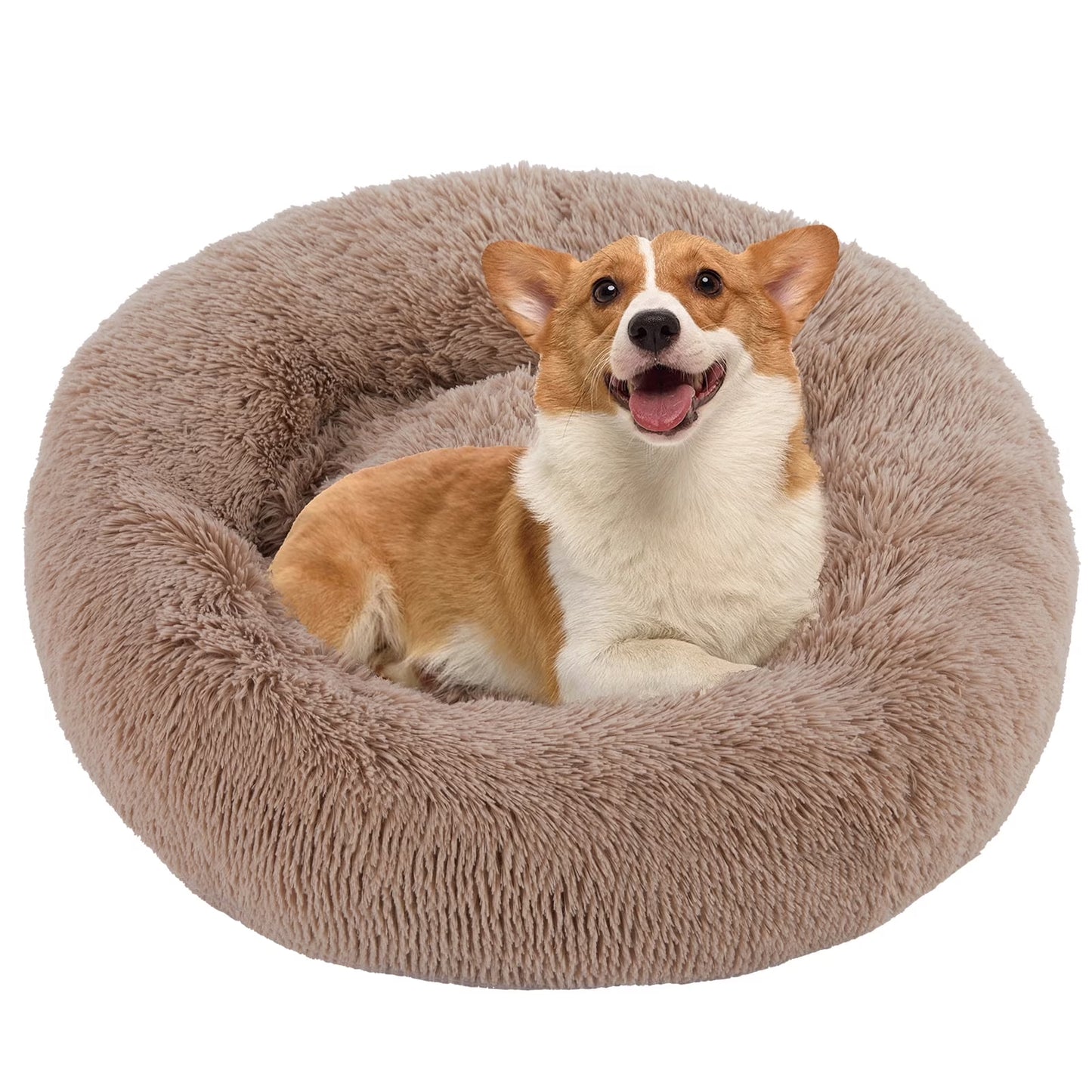 24 Inch Fluffy Donut Dog Bed for Small/Medium Dog, Medium Calming Pet Bed, Soft Plush, Anti-Anxiety, Machine Washable, Brown