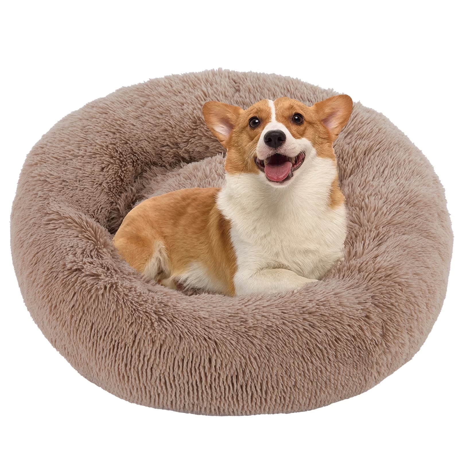 24 Inch Fluffy Donut Dog Bed for Small/Medium Dog, Medium Calming Pet Bed, Soft Plush, Anti-Anxiety, Machine Washable, Brown