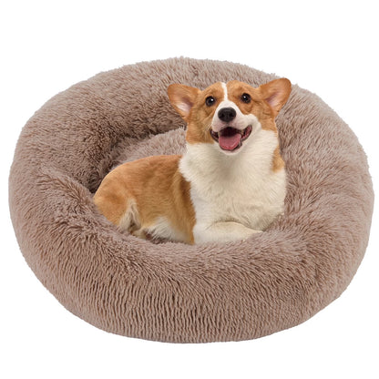 24 Inch Fluffy Donut Dog Bed for Small/Medium Dog, Medium Calming Pet Bed, Soft Plush, Anti-Anxiety, Machine Washable, Brown