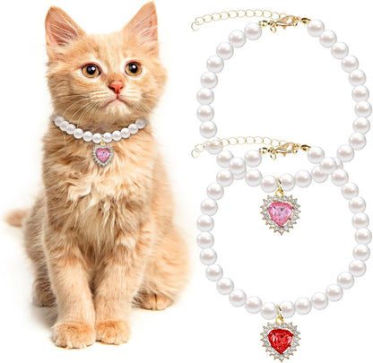 2Pcs Cute Girl Cat Collar, Fancy Dog Pearl Necklace Collars Adjustable Pearl Dog Cats Collars with Small Heart Shape Rhinestone for Small Dogs and Cats, Pink Heart + White Heart