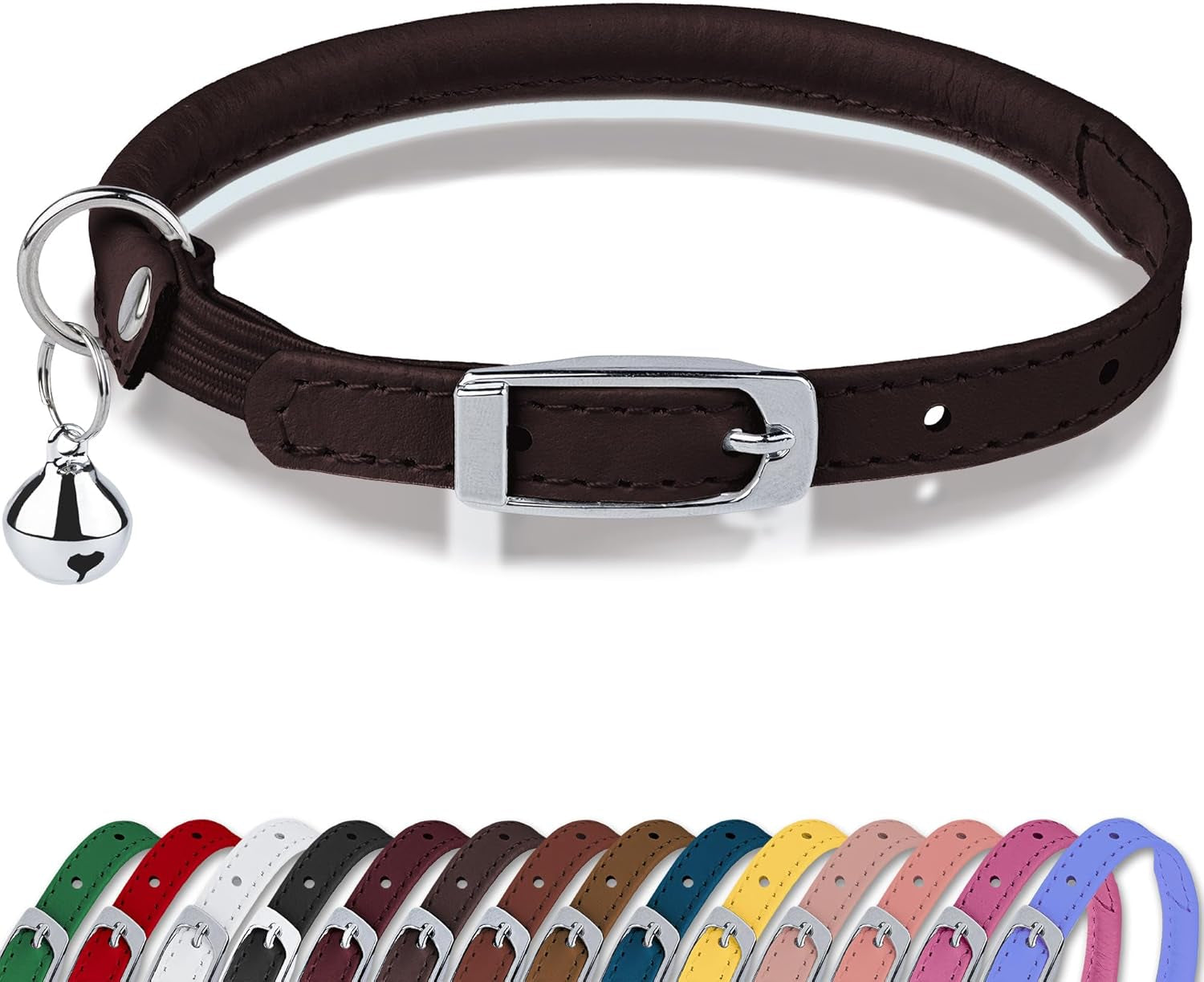 Rolled Leather Cat Collar with Bell, Reflective Kitten Collars with Buckle Include Safety Elastic Strap - Adjustable Small Pet Collars for Boy Girl Cats (White)