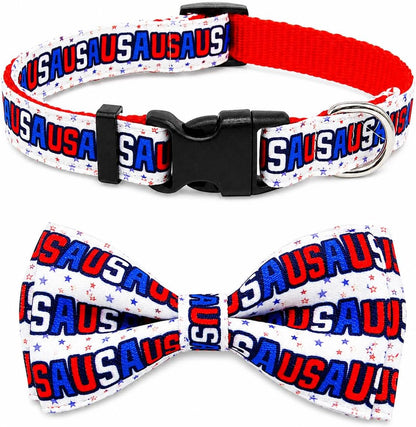 Patriotic 4th of July Dog Collar with Removable Bow Tie - Adjustable Red, White & Blue USA Stars for All Dog Sizes