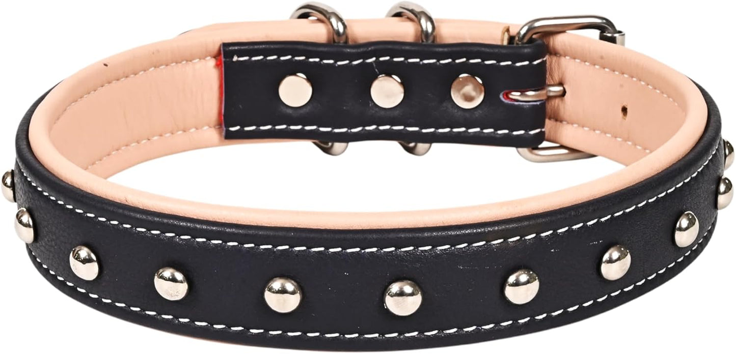 Genuine Leather Dog Collar, Heavy Duty Adjustable Durable Padded Neck Belt with Strong Metal Buckle & D-Ring for Walking, Training & Running - Dark Blue and Pink (Small: Fits 15–19" Necks)