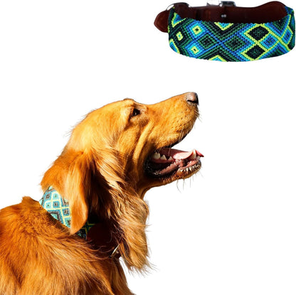 Premium Leather Dog Collar - Adjustable Handcrafted Collar for Small to Large Dogs (Blue/Green, L)