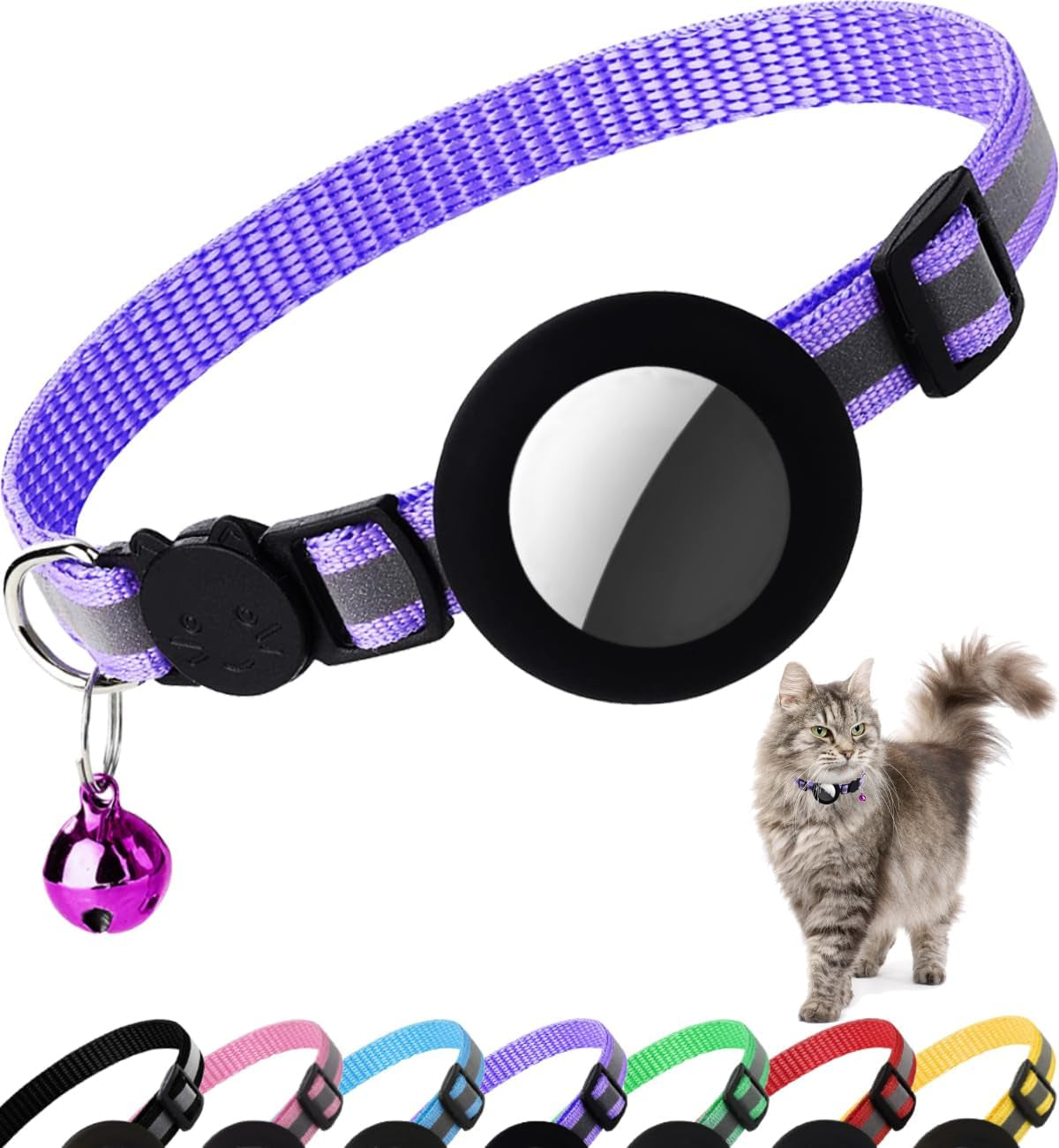 Airtag Cat Collar Breakaway, Reflective Kitten Collar with Apple Air Tag Holder and Bell for Girl Boy Cats, 0.4 Inches in Width and Lightweight(Black)