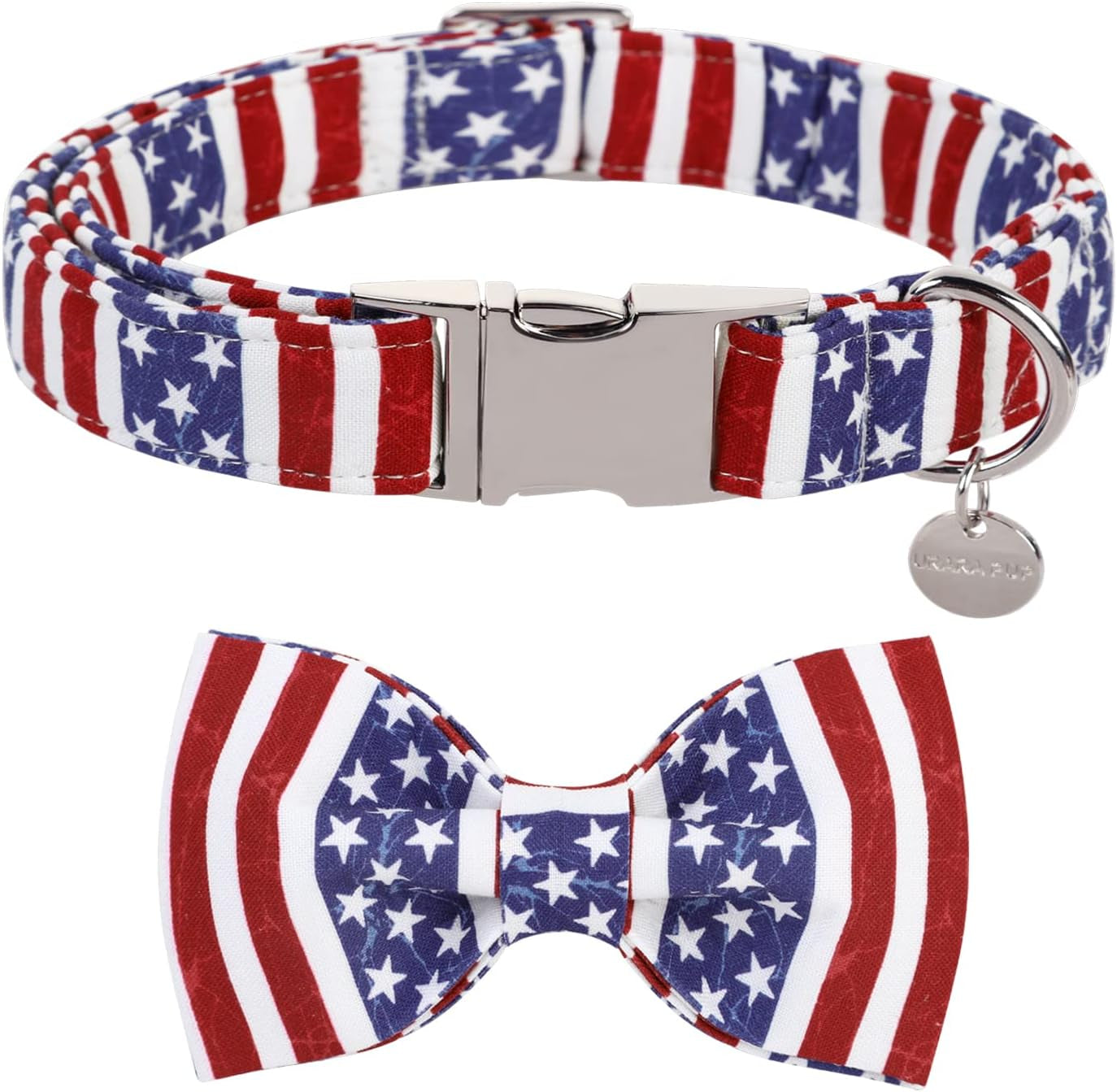 Patriotic Dog Collar with Bow Tie - 4th of July Comfortable Cotton American Flag Design for Large Dogs, Stylish Metal Buckle