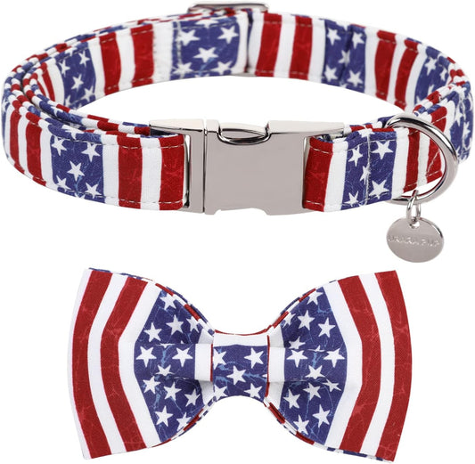 Patriotic Dog Collar with Bow Tie - 4th of July Comfortable Cotton American Flag Design for Large Dogs, Stylish Metal Buckle