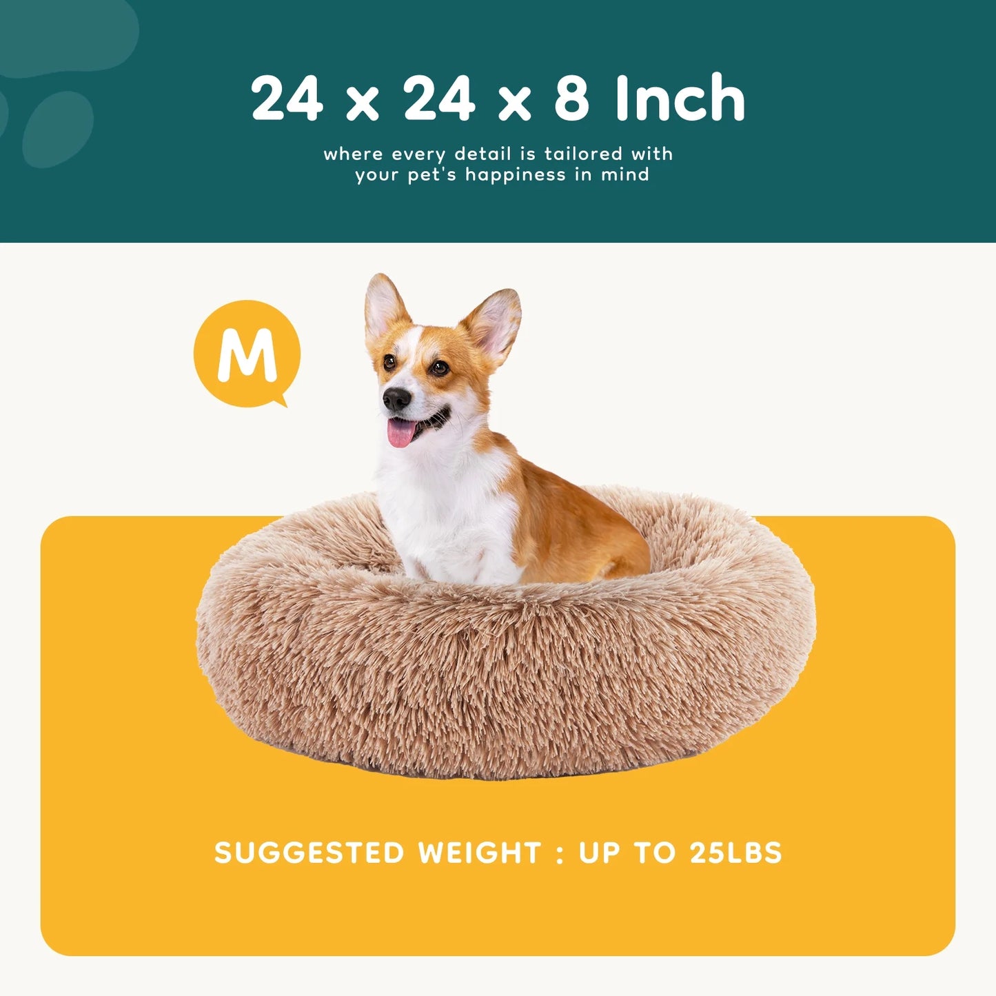 24 Inch Fluffy Donut Dog Bed for Small/Medium Dog, Medium Calming Pet Bed, Soft Plush, Anti-Anxiety, Machine Washable, Brown