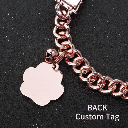 Cat Collar Diamond Chain Glitter Collar Walking Metal with Secure Buckle Cat Pet Necklace with Paw Charm and ID Tag Bell Link Cuban Jewelry Accessories Gift(8 Inch,Rose Gold, Pink)