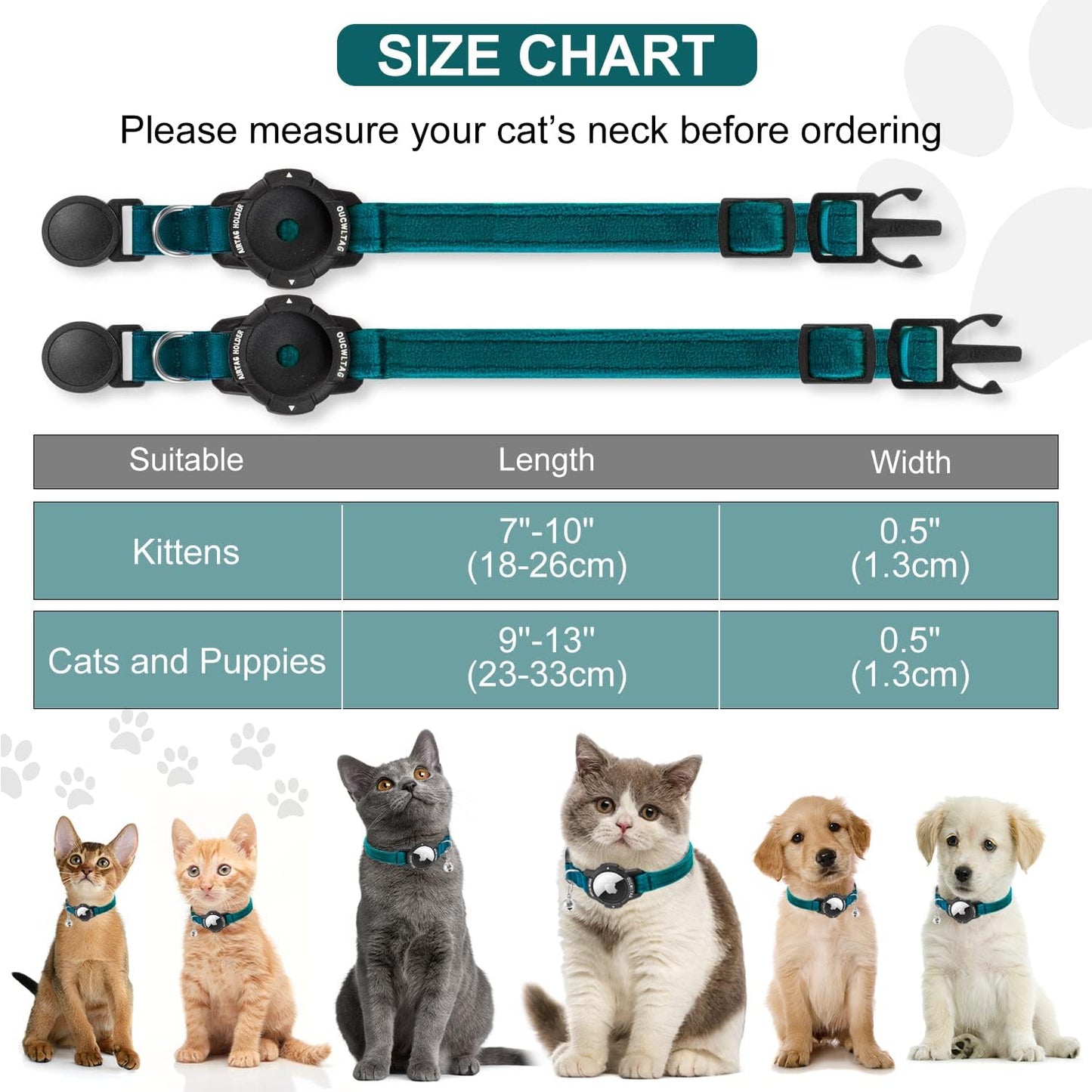 Luminous Airtag Cat Collar Breakaway,  GPS Cat Collar with Apple Air Tag Holder, Cat Tracker Collars with Safety Elastic Band for Girl Boy Cats, Kittens and Puppies (Blue, 9-13 Inch)