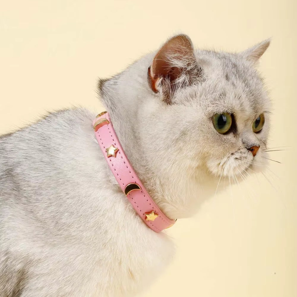 Cute Cat Collar Soft Leather Pet Collars for Small Dog Kitten Puppy Necklace Cat Accessories Star Moon Rivets Decoration XS-M
