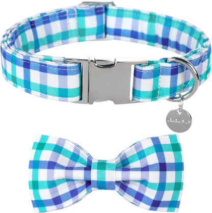 Patriotic Dog Collar with Bow Tie - 4th of July Comfortable Cotton American Flag Design for Large Dogs, Stylish Metal Buckle