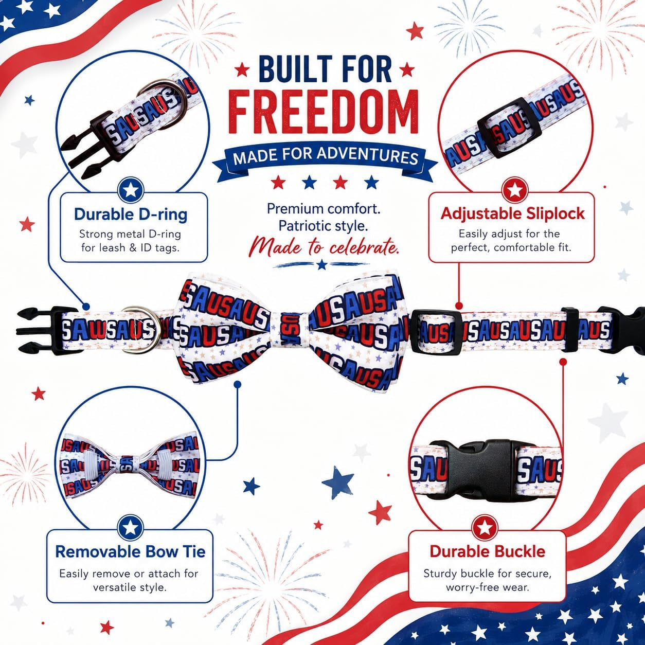 Patriotic 4th of July Dog Collar with Removable Bow Tie - Adjustable Red, White & Blue USA Stars for All Dog Sizes