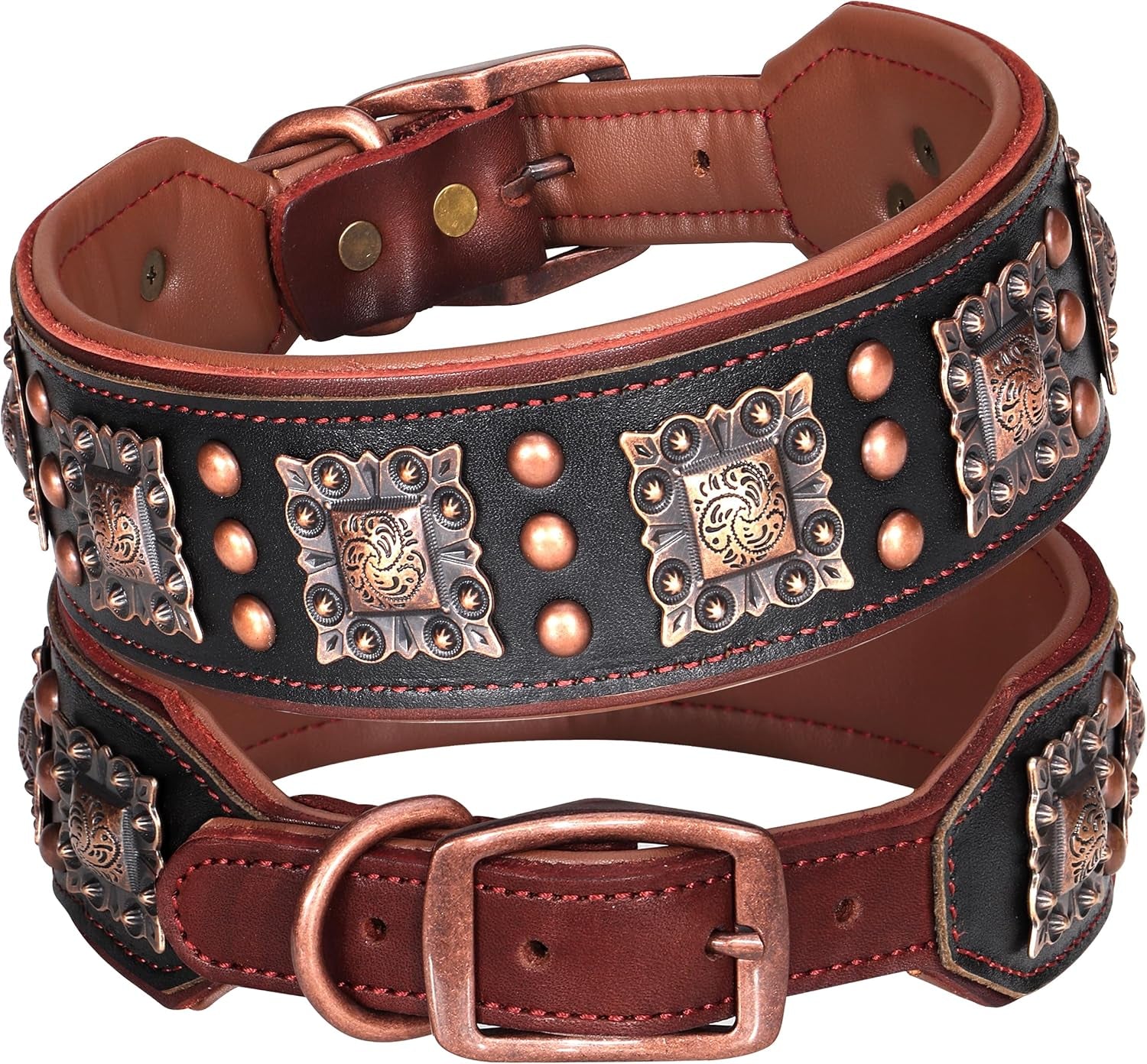 Soft Padded Leather Dog Collar, 2 Inch Wide Genuine Leather Dog Collars with Stylish Studded Rivet & Metal Buckle, Luxury & Adjustable Pet Collars for Medium Dogs,Green,Neck 16-19"