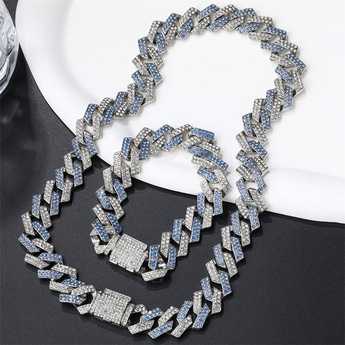 Blue Dog Chain Collar, Bling Diamond Cuban Link Puppy Collar Glitter Rhinestone Cat Collars for Small Medium Large Pet Dogs, 8-Inch