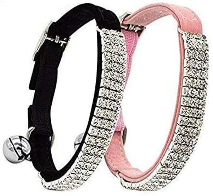 Soft Velvet Safe Cat Adjustable Collar Bling Diamante with Bells,11 Inch for Small Dogs and Cats (Black)