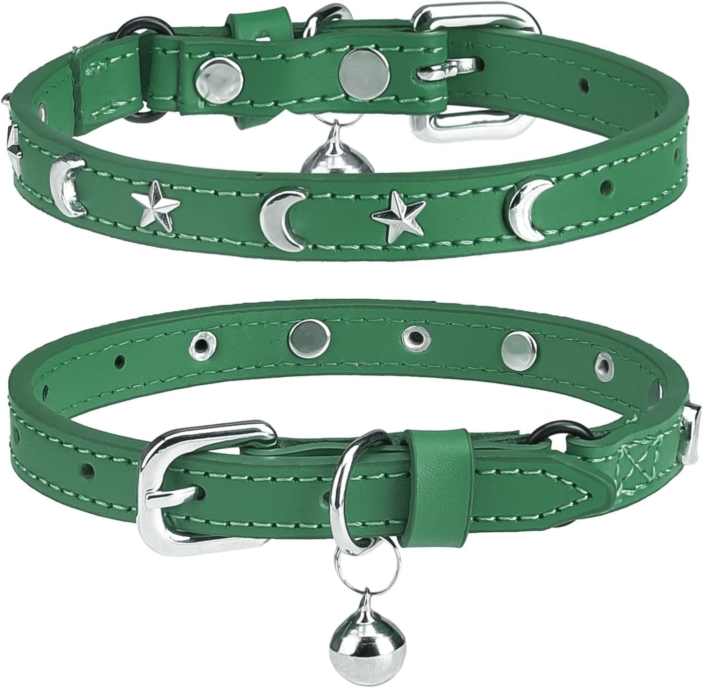 Leather Cat Collars for Boy Girl Cats with Bell and Safety Elastic Belt, Personalized Star and Moon Stud Adjustable Safe Buckle Collar for Kitty Small Big Cats Size 7-9 Inch, Black