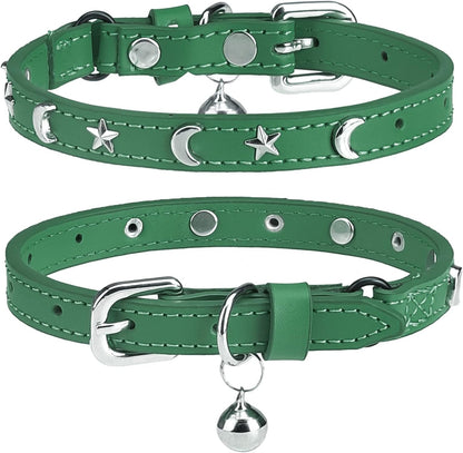 Leather Cat Collars for Boy Girl Cats with Bell and Safety Elastic Belt, Personalized Star and Moon Stud Adjustable Safe Buckle Collar for Kitty Small Big Cats Size 7-9 Inch, Black
