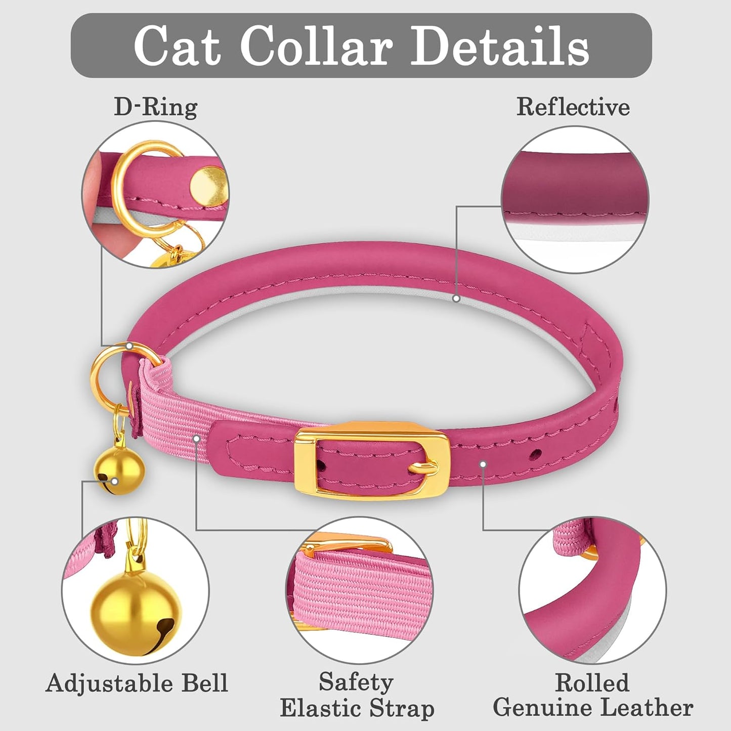 Rolled Leather Cat Collar with Bell - Reflective Kitten Collar with Safety Elastic Strap - Adjustable Small Pet Collars for Boy Girl Cats (Fuchsia)