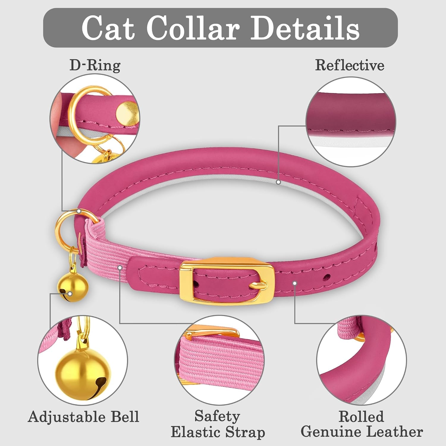 Rolled Leather Cat Collar with Bell - Reflective Kitten Collar with Safety Elastic Strap - Adjustable Small Pet Collars for Boy Girl Cats (Fuchsia)