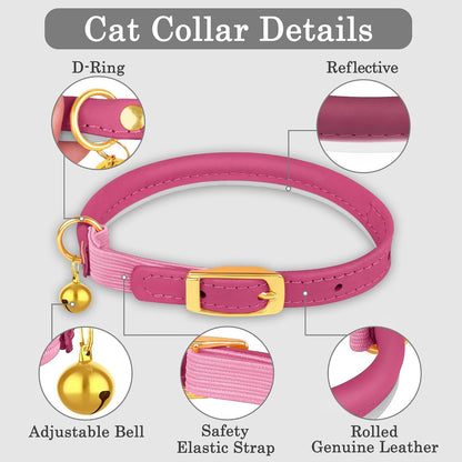 Rolled Leather Cat Collar with Bell - Reflective Kitten Collar with Safety Elastic Strap - Adjustable Small Pet Collars for Boy Girl Cats (Fuchsia)