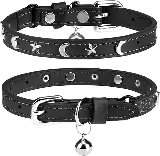 Leather Cat Collars for Boy Girl Cats with Bell and Safety Elastic Belt, Personalized Star and Moon Stud Adjustable Safe Buckle Collar for Kitty Small Big Cats Size 7-9 Inch, Black