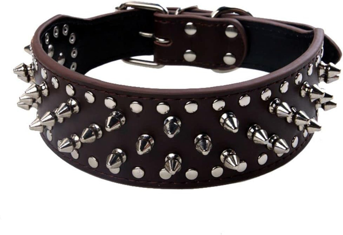 Spiked Studded Dog Collar, PU Leather Dog Collar, Adjustable Pet Collars for Medium or Large Breed Pet (L, Gold Brown2)