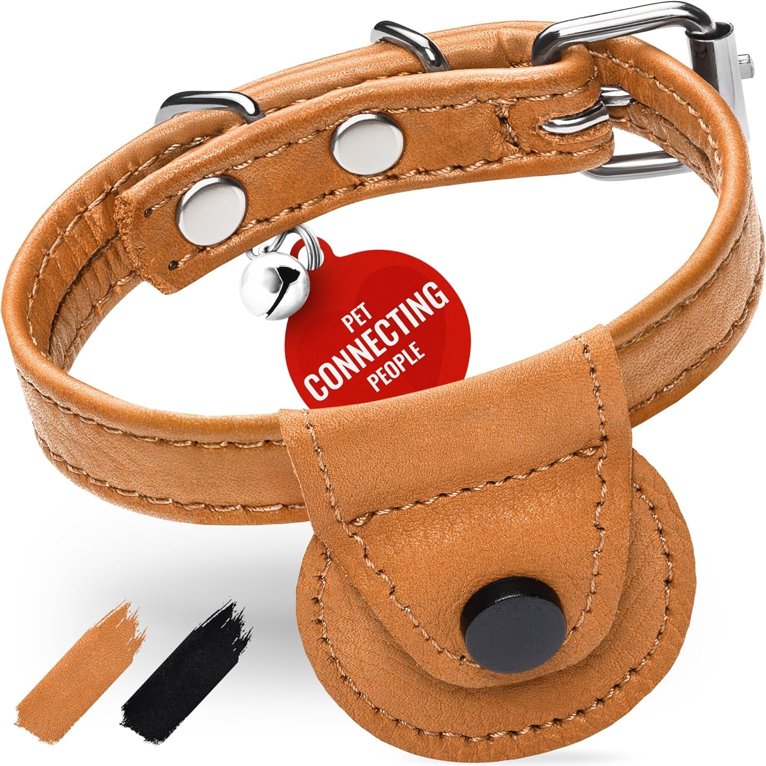 Leather Cat Collar with Bell and Safety Elastic Strap Breakaway Alternative for Small & Large Kittens, Stylish Pet Leather Collar for Boy, Girl Cats with Metal Buckle & QR ID Tag (Green)