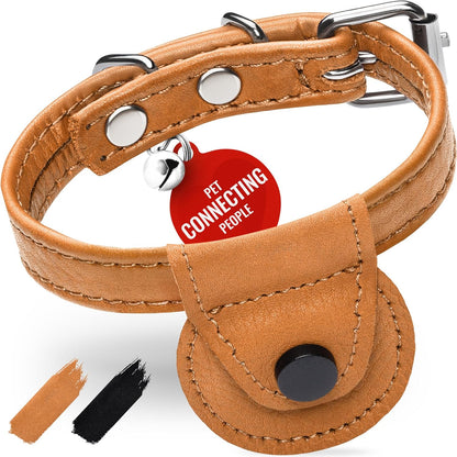 Leather Cat Collar with Bell and Safety Elastic Strap Breakaway Alternative for Small & Large Kittens, Stylish Pet Leather Collar for Boy, Girl Cats with Metal Buckle & QR ID Tag (Green)