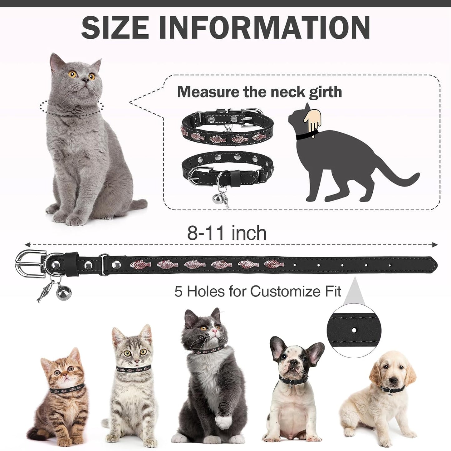Leather Cat Collars for Boy Girl Cats with Bell and Safety Elastic Belt, Personalized Love and Fish Stud Adjustable Safe Buckle Collar for Kitty Small Big Cats Size 8-11 Inch, Black