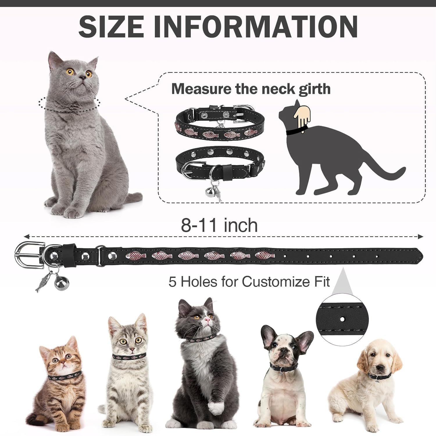 Leather Cat Collars for Boy Girl Cats with Bell and Safety Elastic Belt, Personalized Love and Fish Stud Adjustable Safe Buckle Collar for Kitty Small Big Cats Size 8-11 Inch, Black