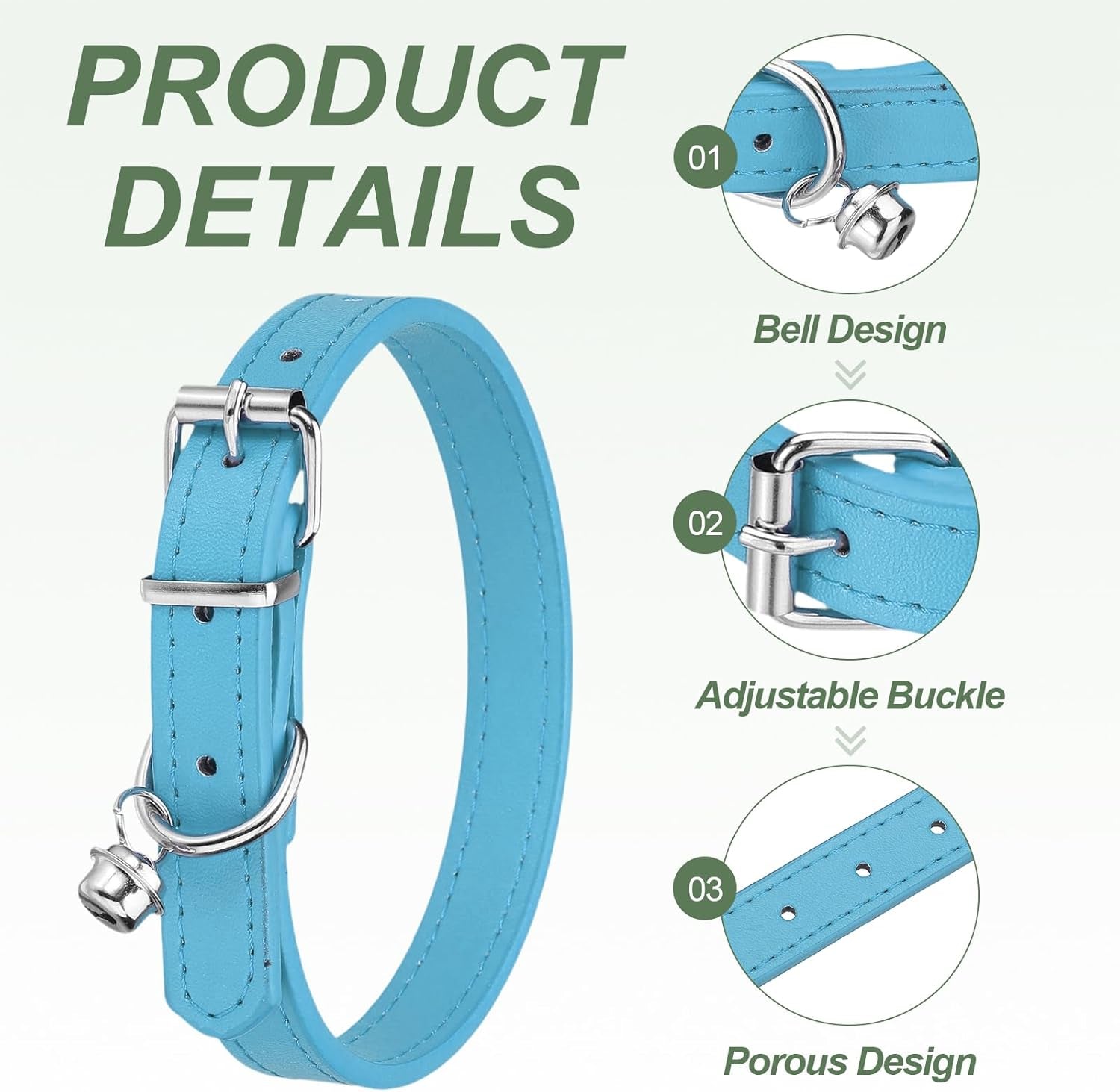 Dog Collar with Bell, Pu Leather Cat Collars Pet Basic Soft Padded Adjustable Buckle, 14.5" (Blue, 1 Pcs), Intended for Teacup/Little Dog/Kitten Cats/Small Animals