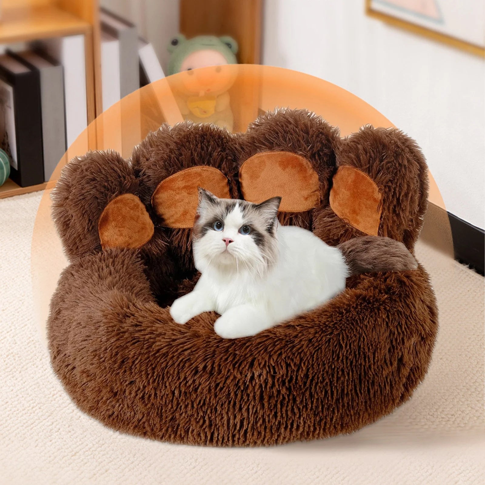 Paw Shape Calming Pet Bed, Plush Faux Fur Donut Bed for Dogs & Cats, Machine Washable, Non-Slip Bottom, Calming Cozy Comfy Small Dog and Cat Bed