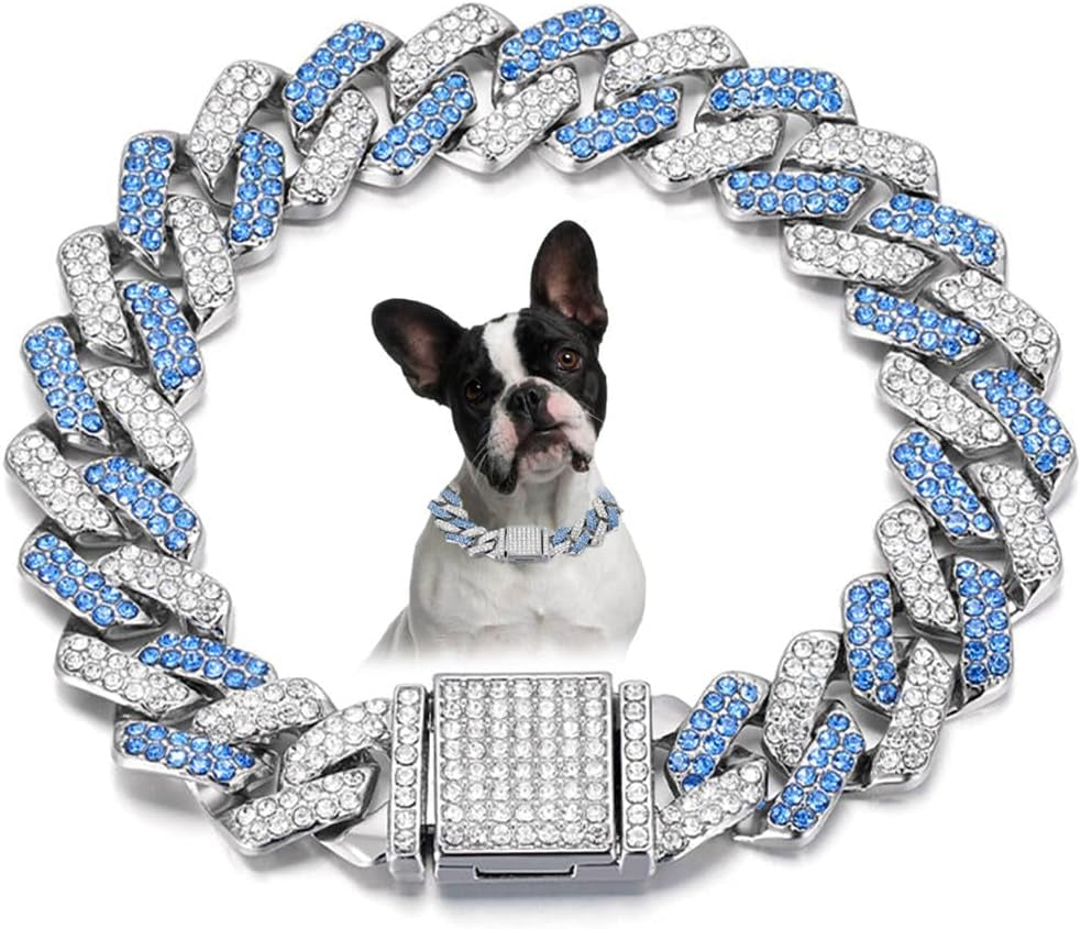 Blue Dog Chain Collar, Bling Diamond Cuban Link Puppy Collar Glitter Rhinestone Cat Collars for Small Medium Large Pet Dogs, 8-Inch