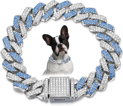Blue Dog Chain Collar, Bling Diamond Cuban Link Puppy Collar Glitter Rhinestone Cat Collars for Small Medium Large Pet Dogs, 8-Inch