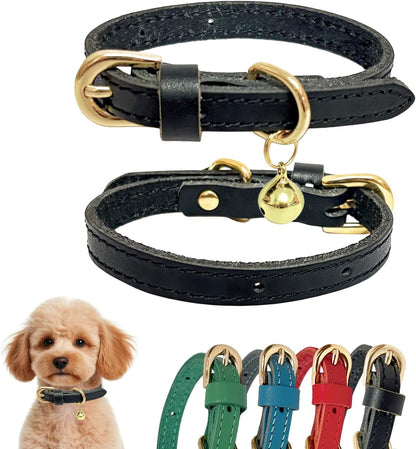 Leather Collar for Puppy, Cute Soft Thin Dogs Collars for Small Medium Dogs, Cat Collar with Bell (Blue, XS, 9"-12")