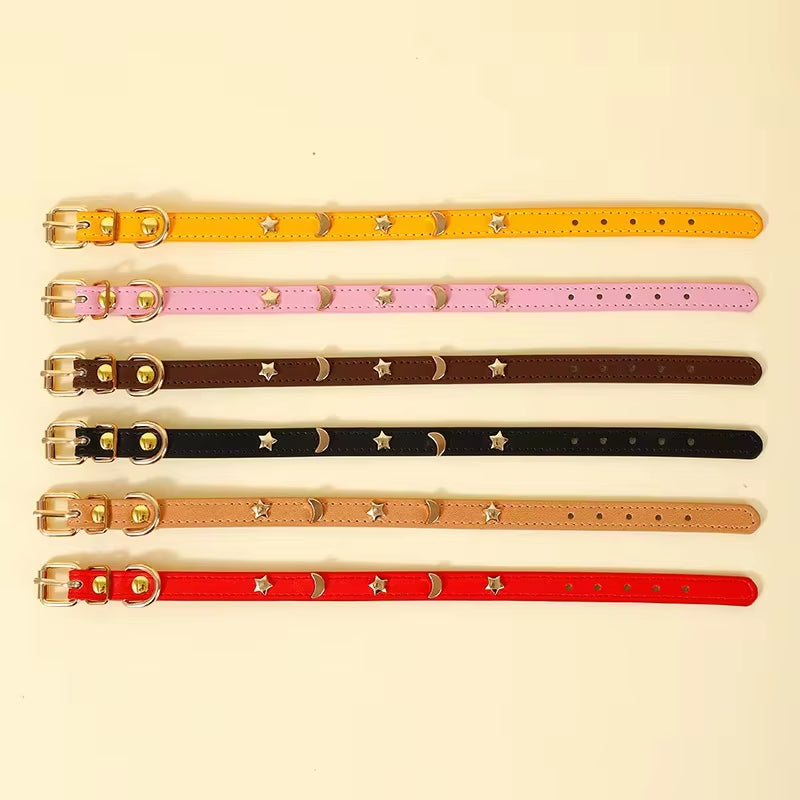 Cute Cat Collar Soft Leather Pet Collars for Small Dog Kitten Puppy Necklace Cats Accessories Star Moon Rivets Decoration XS-M