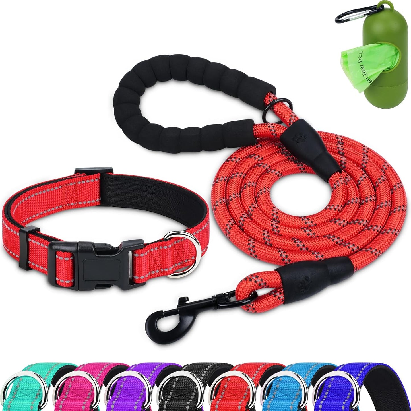 Reflective Dog Collar and Leash Set, 6FT Strong Climbing Rope Leash with Padded Handle, Adjustable Pet Collar with Soft Neoprene Padding for Large Dogs, Teal, L