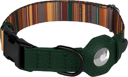 Airtag Dog Collar with Metal Buckle - Printed Nylon Soft Leather Dog Collar with Apple Airtag Holder - Secure Tracking GPS Pet Collars for Girl Boy Small Large Dogs (L, 17"-21" Neck Fit, Striped)