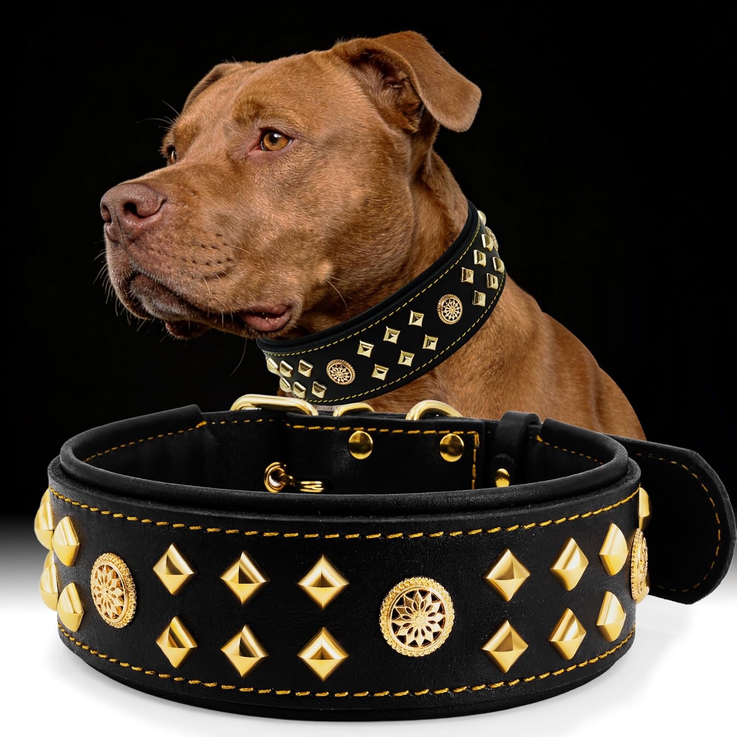 Eliteguard Genuine Leather Dog Collar, 2.2-Inch Handmade Studded with Stainless Steel Buckle, Daily Wear for Large Dogs, Brown 14-18.5 In