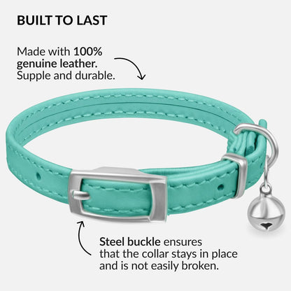 Leather Cat Collar with Removable Bell – Safety Elastic Strap (Breakaway Alternative) – Kitten Collar for Small & Big Boy & Girl Cats