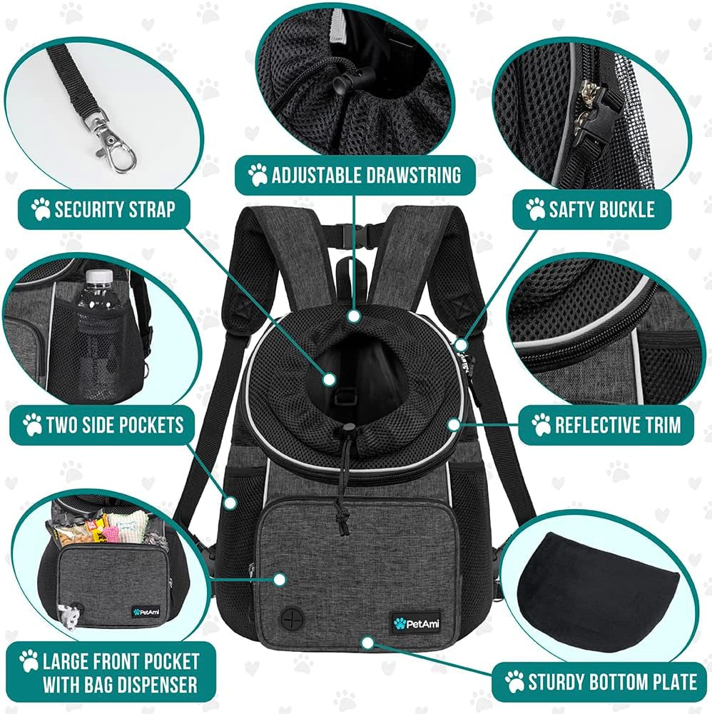 Adjustable Dog & Cat Chest Carrier Backpack, Ventilated for Hiking & Camping, Small to Large Pets up to 15 Lbs, Dark Gray