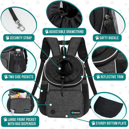 Adjustable Dog & Cat Chest Carrier Backpack, Ventilated for Hiking & Camping, Small to Large Pets up to 15 Lbs, Dark Gray